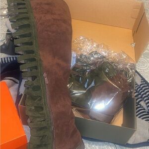 Brown and Green Suede Boots